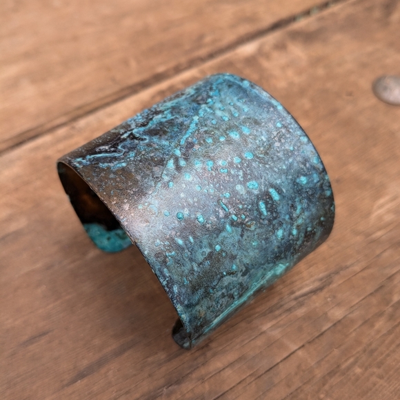 Blue Oxidized Rustic Wide Brass Cuff Bracelet - Picture 3 of 11